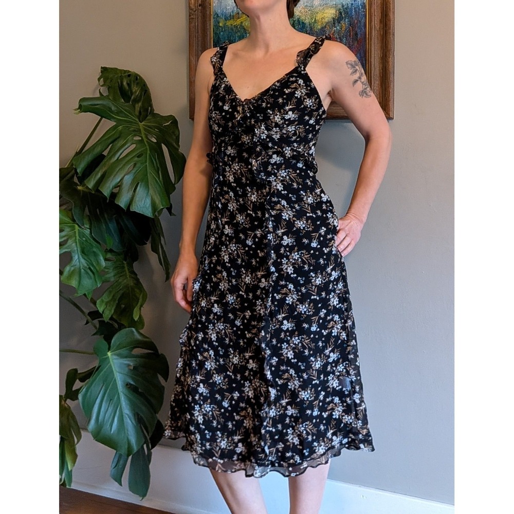 Bailey 44 Floral Midi Dress Ruffle Black Y2K 90s Babydoll Fairy Whimsygoth Dark